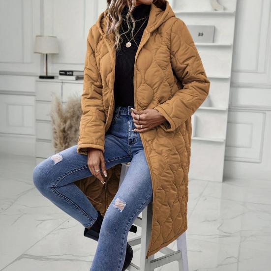 Long Quilted Puffer Jacket for Women Casual Lightweight Zip Up Hooded Coat Winter Knee Length Padded Outerwear