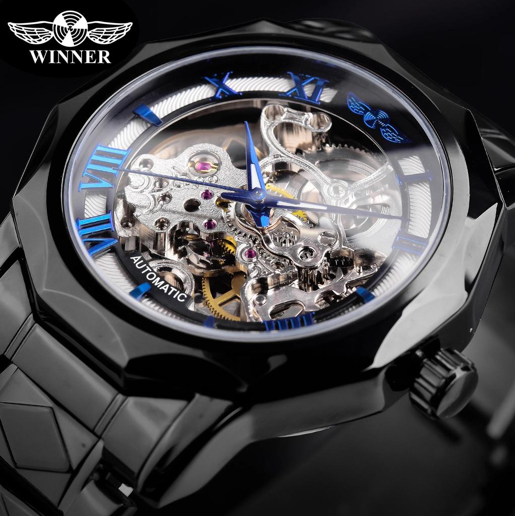 Полигональные мужские механические часы Fashiona Hollowed Out Automatic Watch из нержавеющей стали Skeleton Wristwatches Gold Color Relojes
