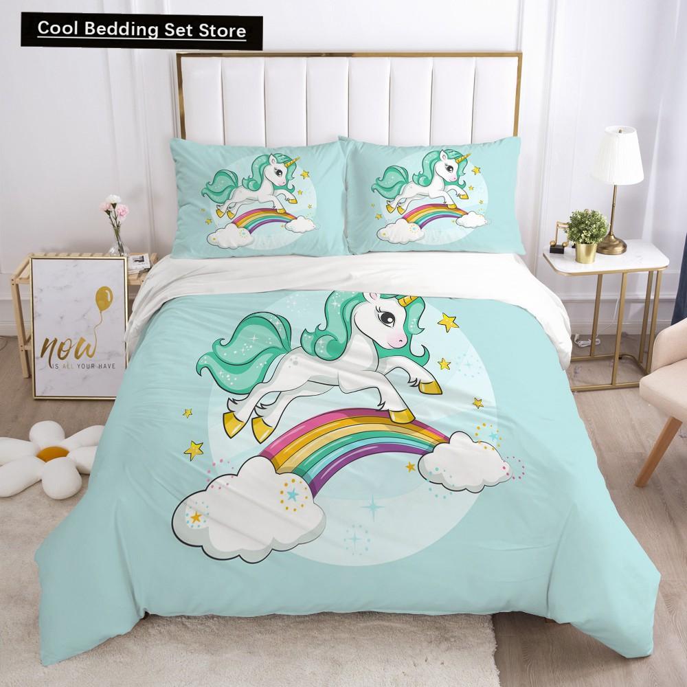 Детский детский розовый комплект постельного белья Queen King Cartoon Unicorn Белый пододеяльник Twin Полный цветной 2/3 шт полиэстеровый пододеяльник