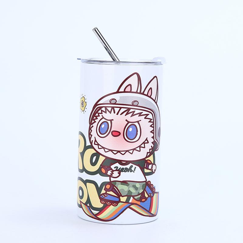 Мультяшный узор Лабубу из нержавеющей стали, изолированная чашка, простая кофейная чашка с соломой