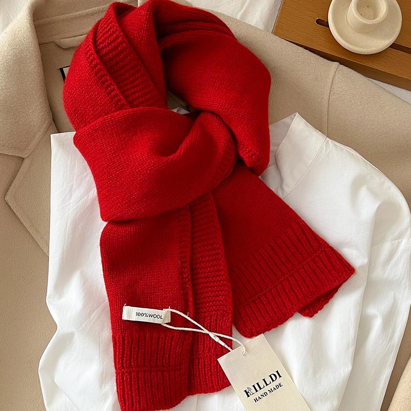 Knitted 100% Pure Wool Women Small Scarf Solid Color Fashion Winter Warm Outdoor Luxury Tassel Shawls Pashmina Lady Wrap