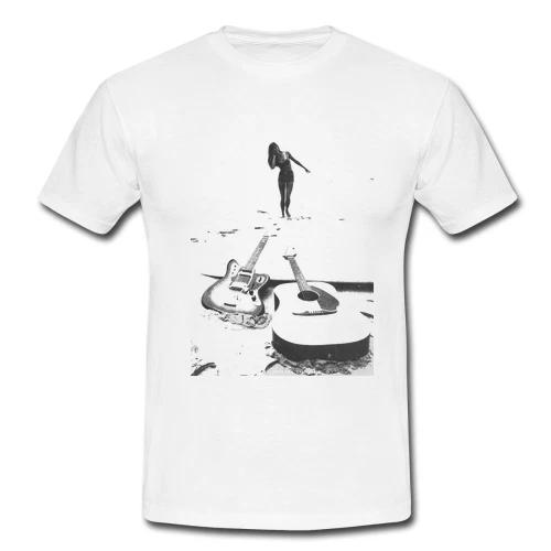 Mens Retro White Surf T-shirt Tops Tees Unisex Guitar Bikini Girl Waves Electric Surfing Surfer