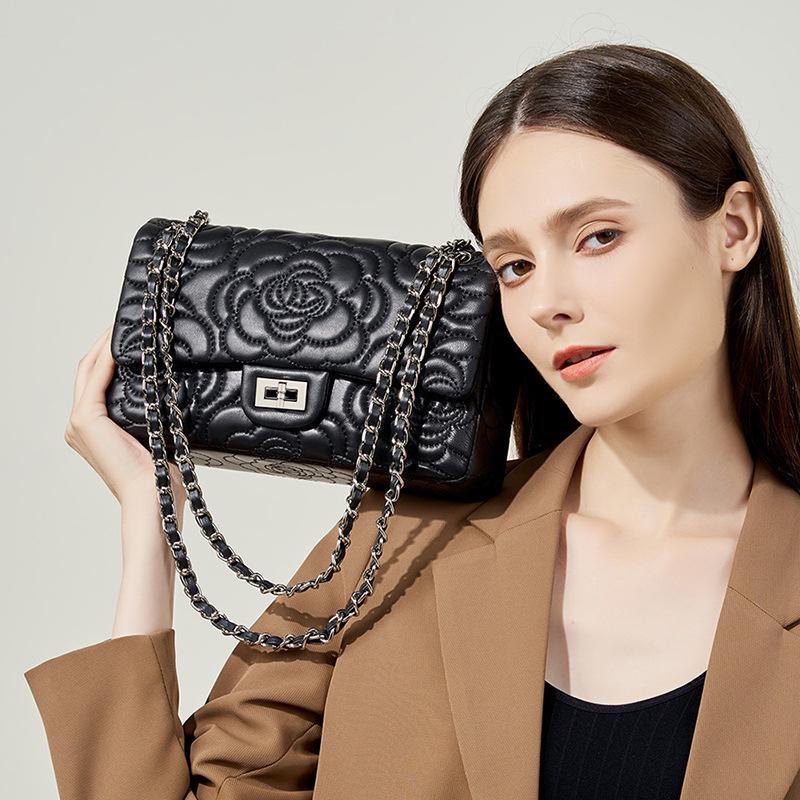 Elegant Xiangfeng Camellia Diamond Women's Bag: Textured, Fashionable High Goat Leather Chain Crossbody Shoulder Bag