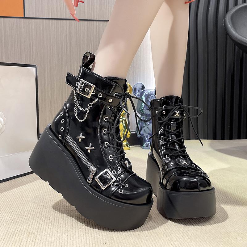 New Winter High Heels Women'S Round Head Front Lacing Side Zipper Rivet Thick Soled Non-Slip Mid-Calf Boots