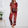 Women's Ice Silk Satin Christmas Print Pajama Set Short Sleeve Shirt And Long Pajama Pants Set Soft Home Clothes