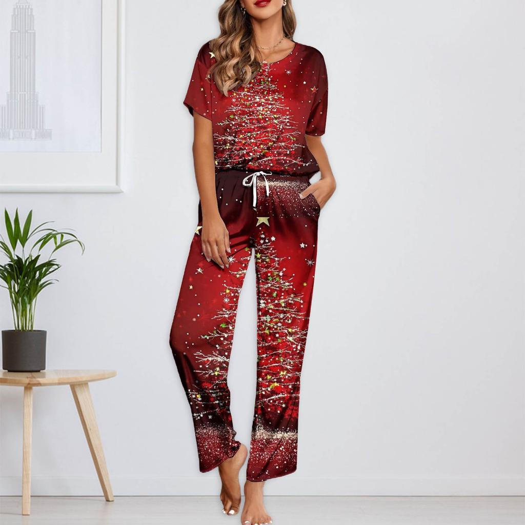 Women's Ice Silk Satin Christmas Print Pajama Set Short Sleeve Shirt And Long Pajama Pants Set Soft Home Clothes