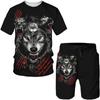 Summer Fashion Men's Casual Beach Shorts Sportwear 3D Printed Wolf  Element Round Neck T-shirt 2 Sets Breathable Street Clothing