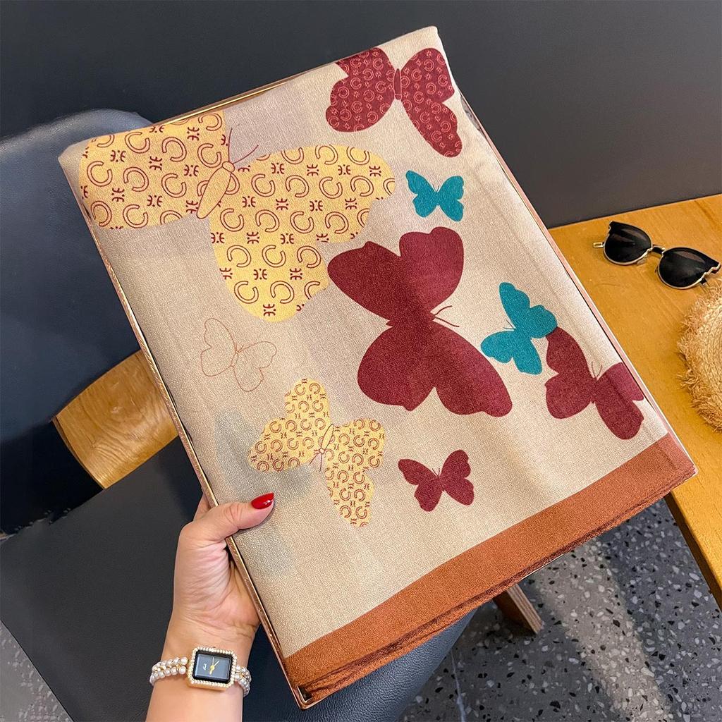 Color-blocking Beautiful Butterfly Long Cotton and Linen Scarf for Women Breathable and High-quality New Literary Shawl Print Fashionable