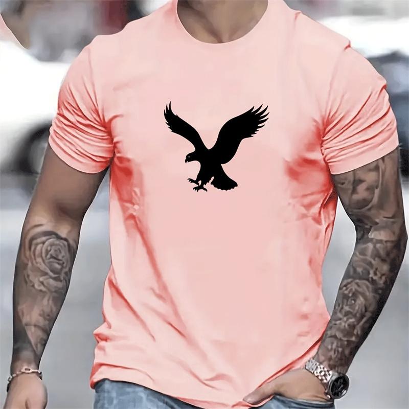 2024 Summer New Men's Simple Fashion Loose T-Shirt Eagle Print Round Neck Solid Color Short-Sleeved T-Shirt Casual Daily Tops