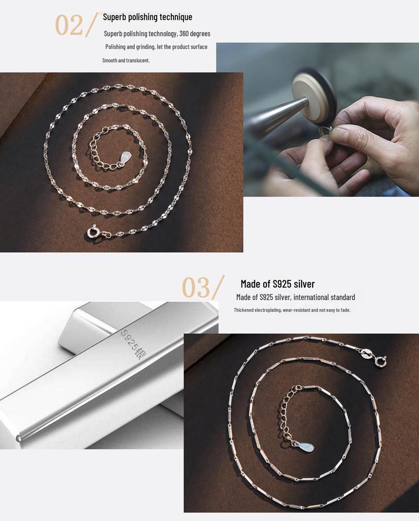 Korean Style S925 Sterling Silver Necklace: Carved Lip Round Link Chain with Silk Texture, Gingham Design, Starry Sky Accents, Plain Collarbone Chain