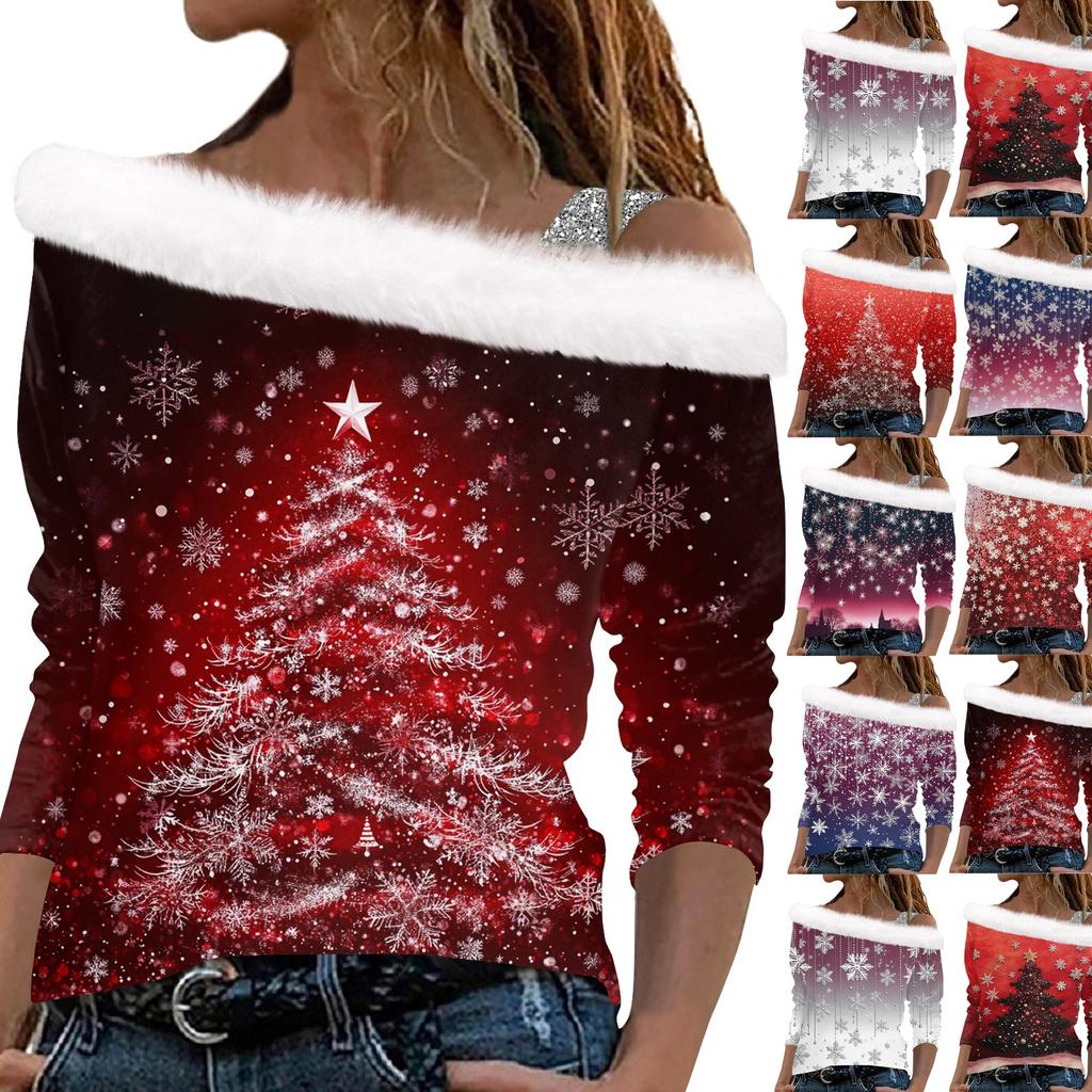 Женский плюшевый пуловер с длинными рукавами и рождественским принтом Christmas Elements