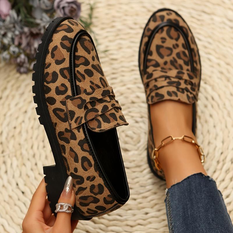 Women's Leopard Print Loafers - Slip-On Casual Shoes, Round Toe, Flat Sole, British Style, All-Season Comfort, Black & Brown Animal Print Design