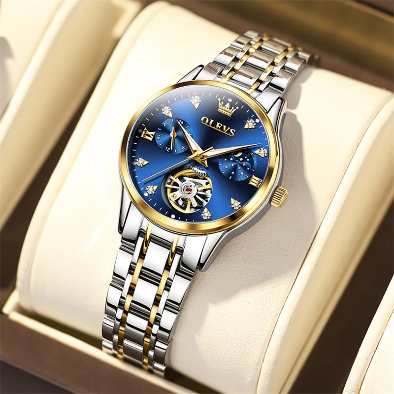 OLEVS Fashion Moon Phase Tourbillon Women Watch Luxury Brand Stainless Steel Automatic Mechanical Watch Waterproof Reloj Mujer
