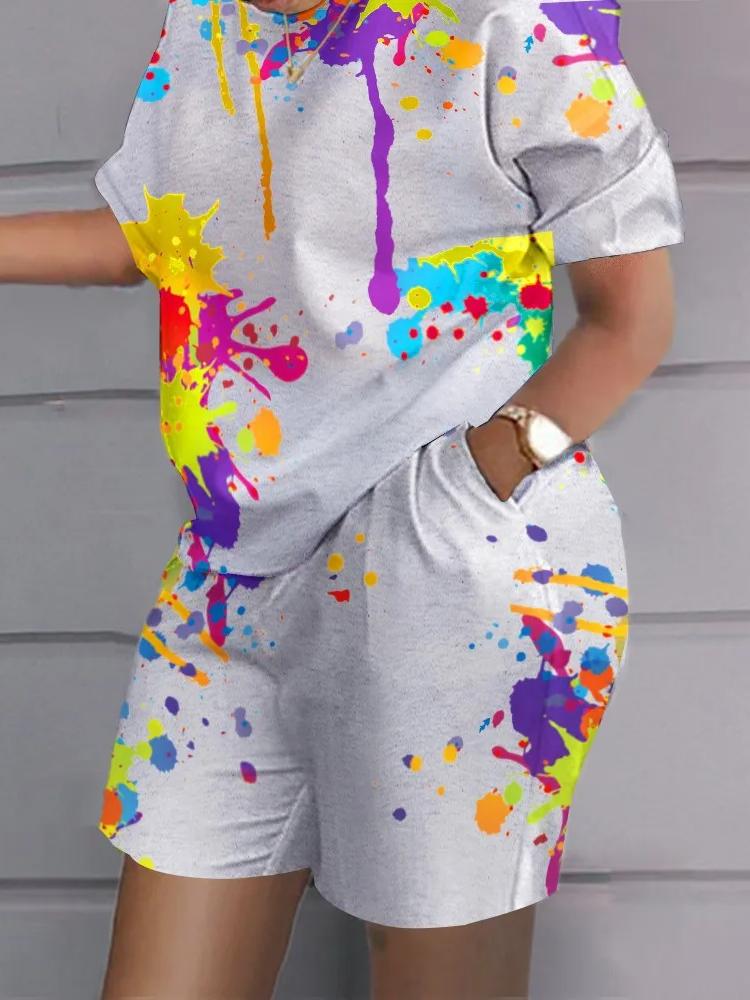 Повседневный топ и шорты, комплекты, повседневная футболка с коротким рукавом, женский летний комплект с градиентом и 3D принтом, карманные шорты, костюм, женская футболка, шорты