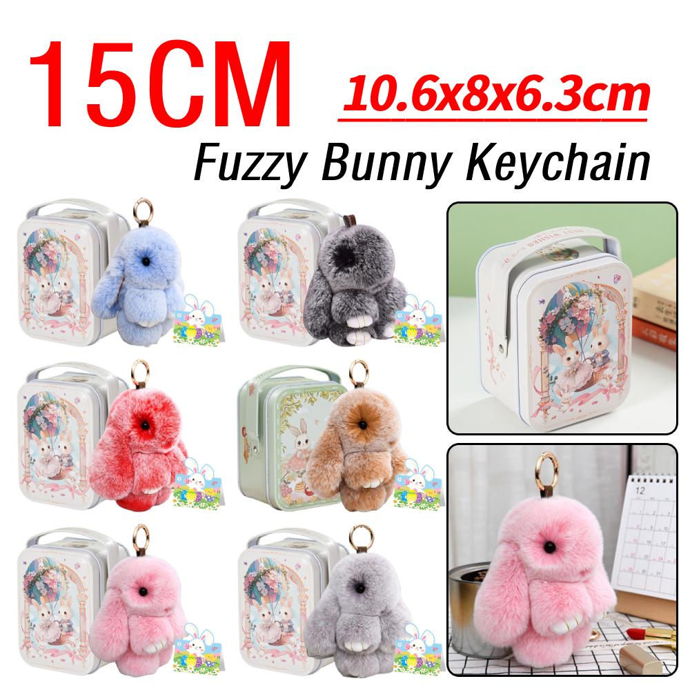 Bunny Lucky Keychains with Tin Box & Best Wishes Card Bunny Cute Plush Keychain for Bags Backpacks Rabbit Charm Easter Gifts