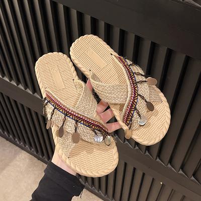 Модные шлепанцы с кисточками, женские летние новые соломенные сандалии, плетеные национальные ветровые тапочки, туристическая пляжная обувь, мягкая на плоской подошве