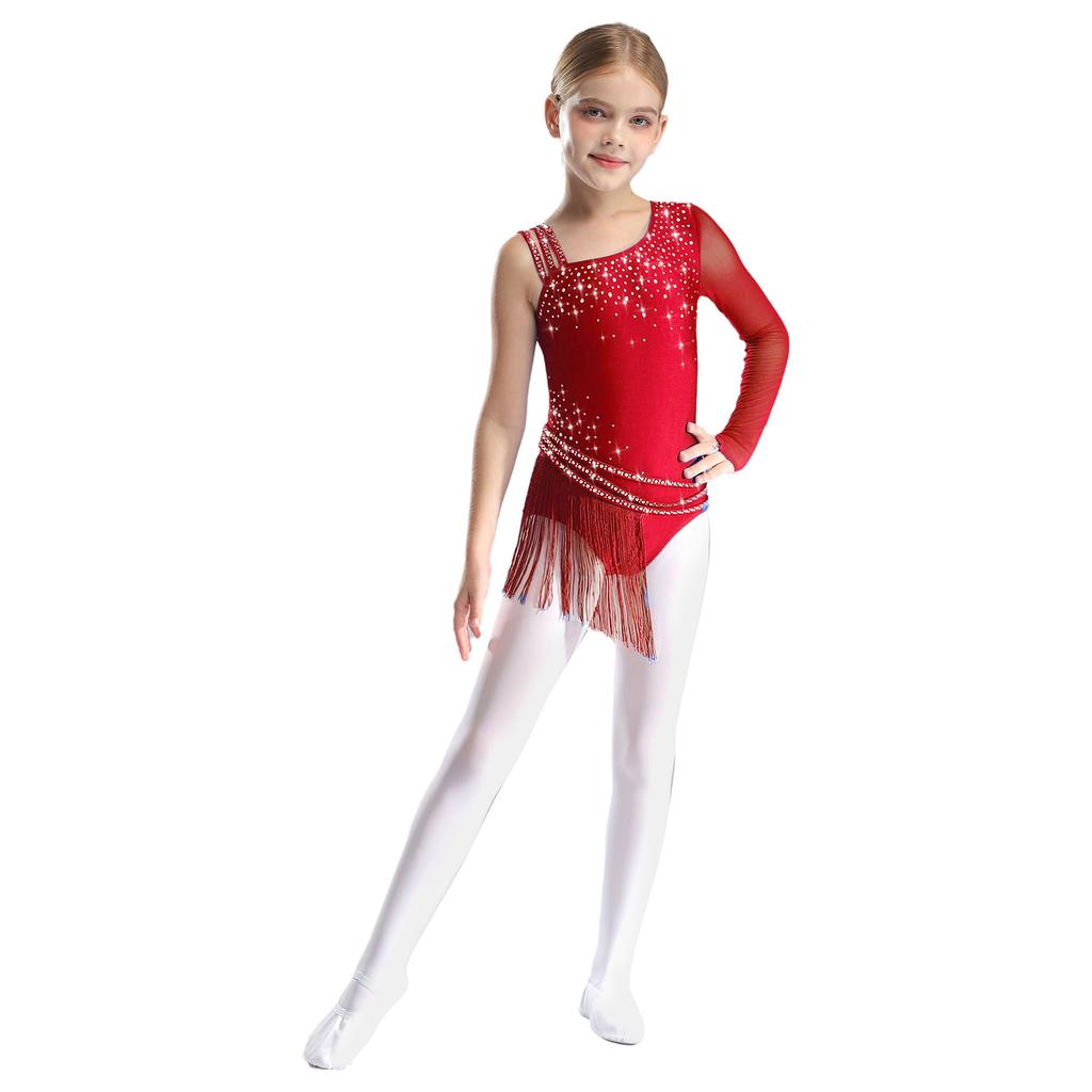Girls Sparkling Rhinestones Fringe Leotard Irregular Tassel Bodysuit Figure Skating Dance Performance