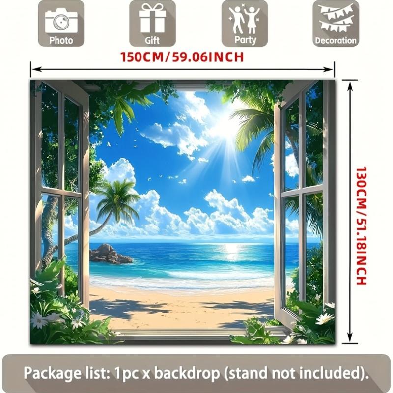 2D flat banner 1 piece. Tropical beach window scene with palm tree landscape art polyester background fabric.