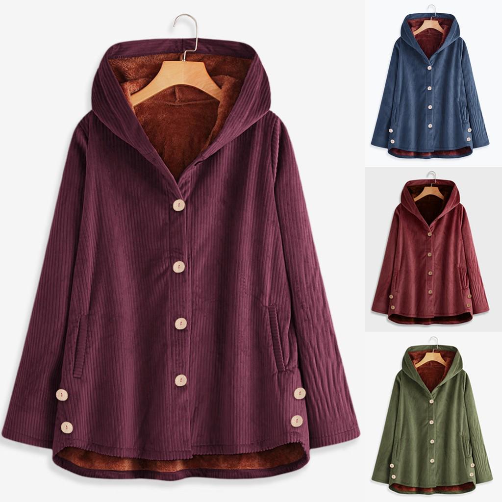 Plus Size Women Winter Warm Solid Button Pockets Thicker Hooded Coat Outwear