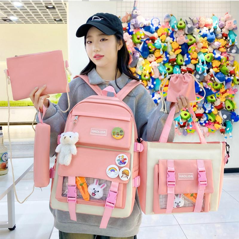 Large-capacity Elementary School Junior High School Students Backpack Five-piece Cute Suit and Bunny Radish Doll Pendant Backpack Multi-compartment