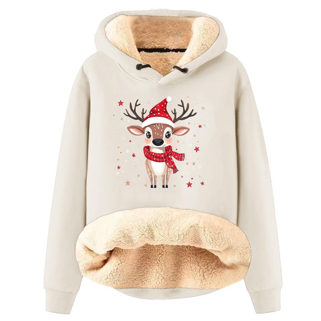 Women's Fashion Hooded Padded Thickened Warm Christmas Printed Loose Pullover Sweatshirt