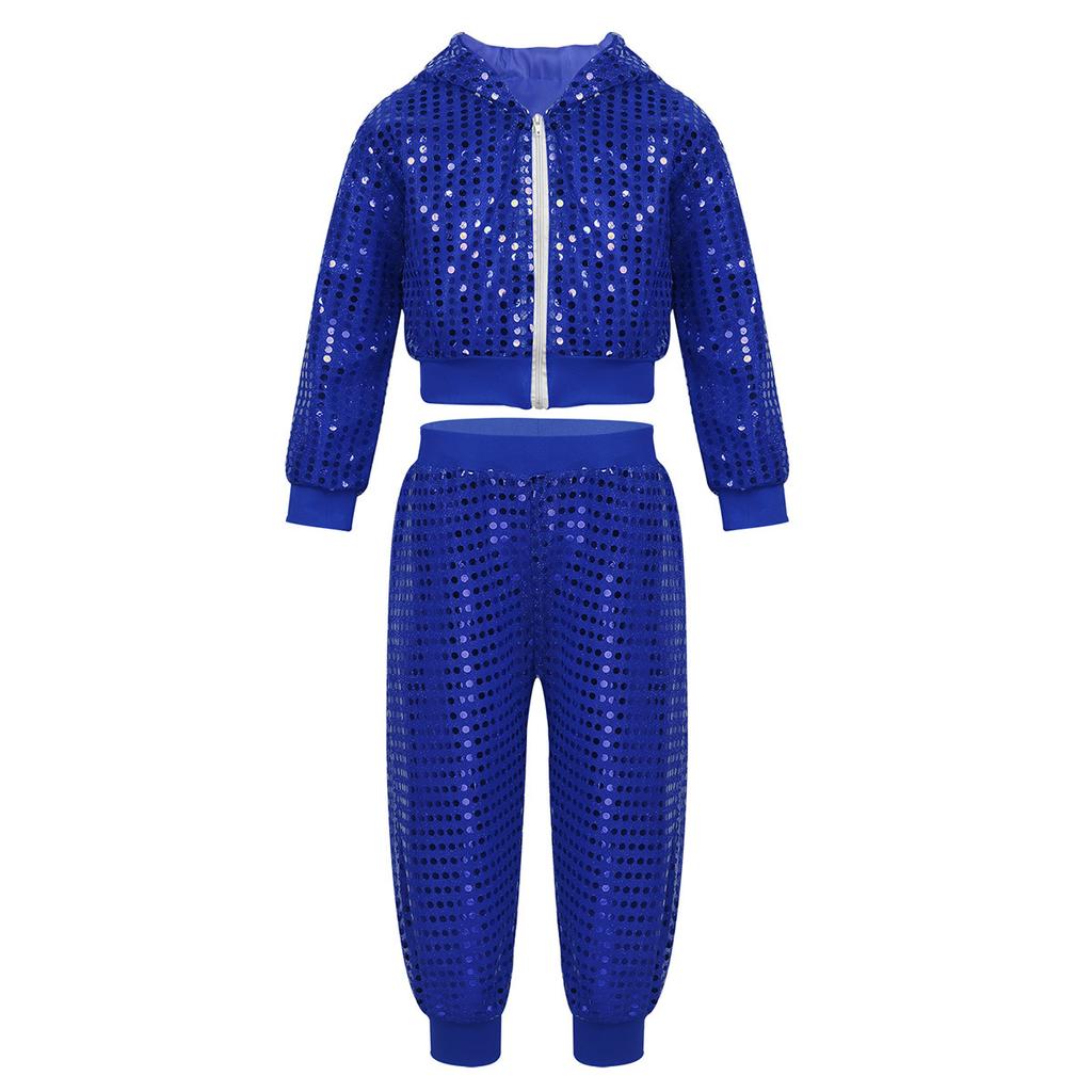Kids Boys Girls Sparkly Sequins Long Sleeve Hip Hop Jazz Street Dance Costumes Long Sleeve Hooded Jacket Pants Set