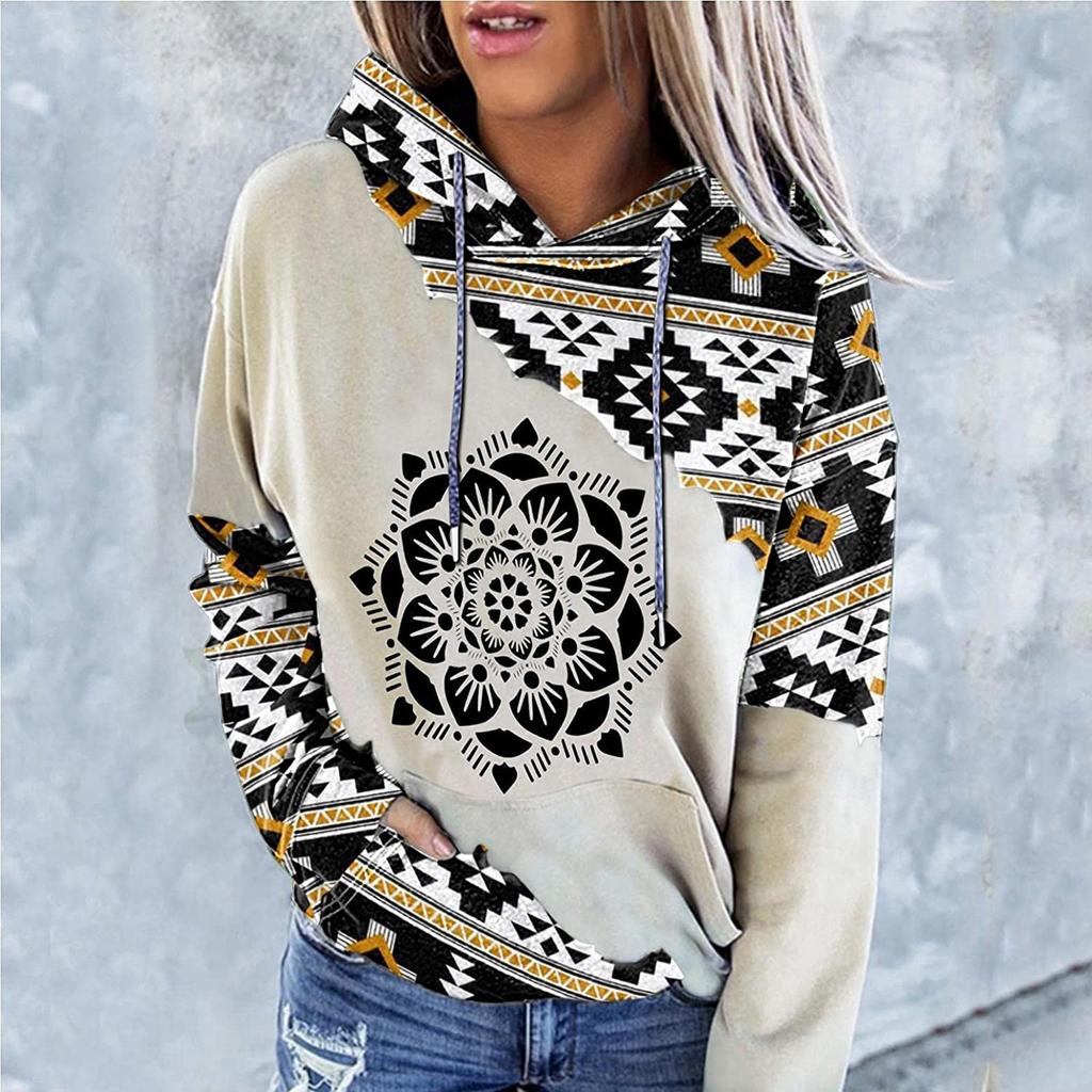 Women's Aztec Hoodie Geometric Pattern Long Sleeve Colour Block Pullover Drawstring Sweatshirt