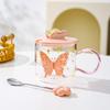 Cute butterfly high borosilicate glass gift high value pink girl heart water cup mug with lid spoon