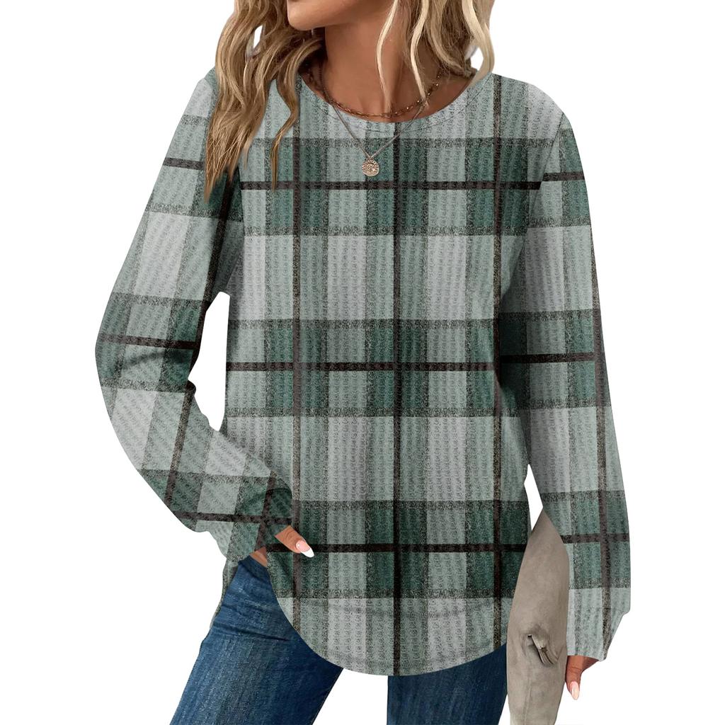 Женский повседневный топ свободного кроя с круглым вырезом и длинными рукавами в клетку