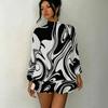 Women's 3D Liquid Fluid Print Mock Neck Long Sleeve Dress, Raglan Sleeve Fake Two Piece Mini Dress