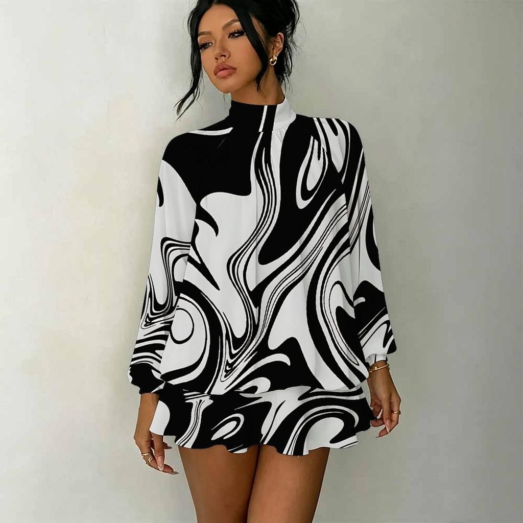 Women's 3D Liquid Fluid Print Mock Neck Long Sleeve Dress, Raglan Sleeve Fake Two Piece Mini Dress