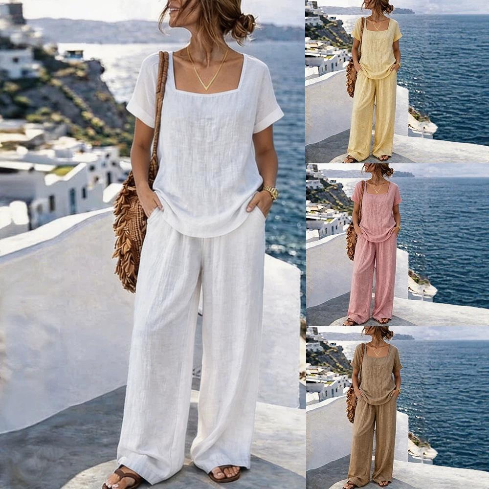 2026 Amazon European and American cross-border new women's clothing, casual square collar short-sleeved trousers washed cotton multi-color suit