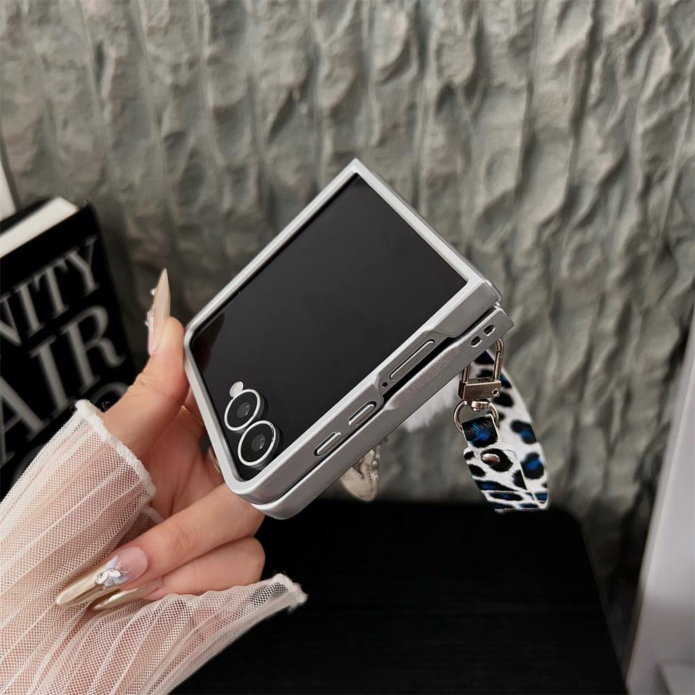 For Samsung Galaxy Z Flip7 5G Case Leopard Print Leather+PC Phone Cover with Guitar Pendant and Strap