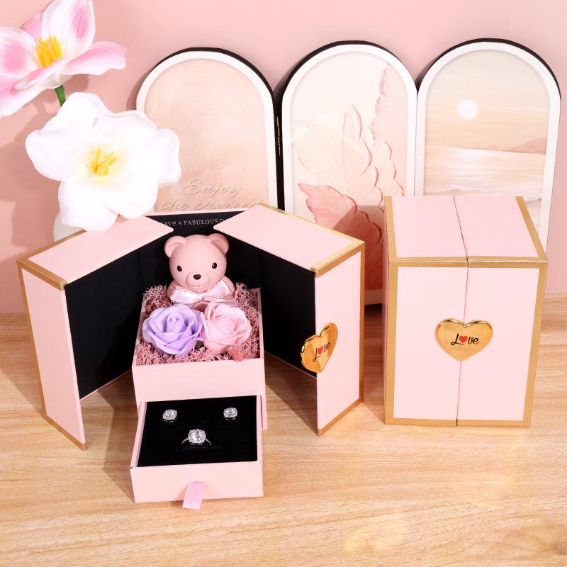 Подарочная коробка «Маленький медвежонок» с двойными дверцами: Сохраненная роза и ящик для украшений на дни рождения и День святого Валентина