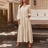 Spring Women's Long Dresses Long Sleeve V Neck Loose Pleated Dresses