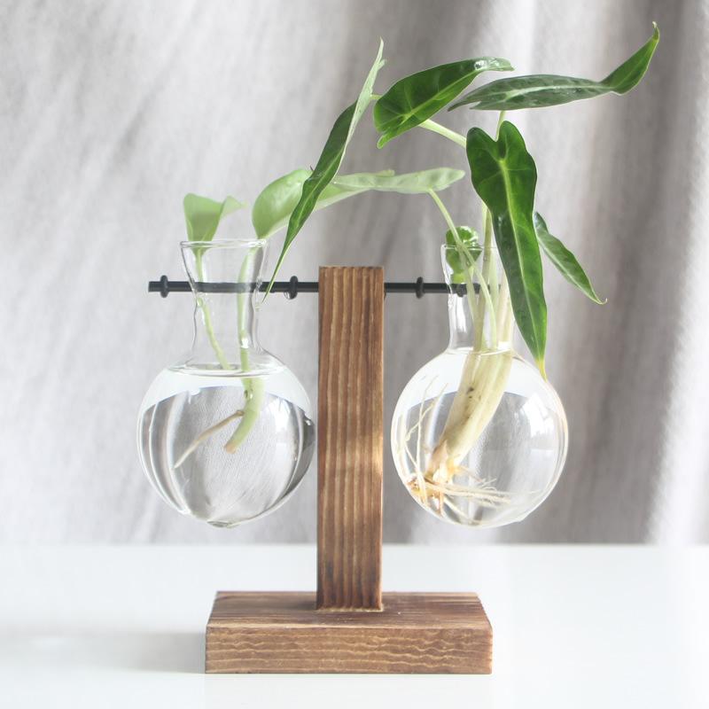 Creative Wooden Frame Hydroponic Vase Dill Plant Transparent Glass Flower Arrangement Container Desktop Ornament Home Decoration Products