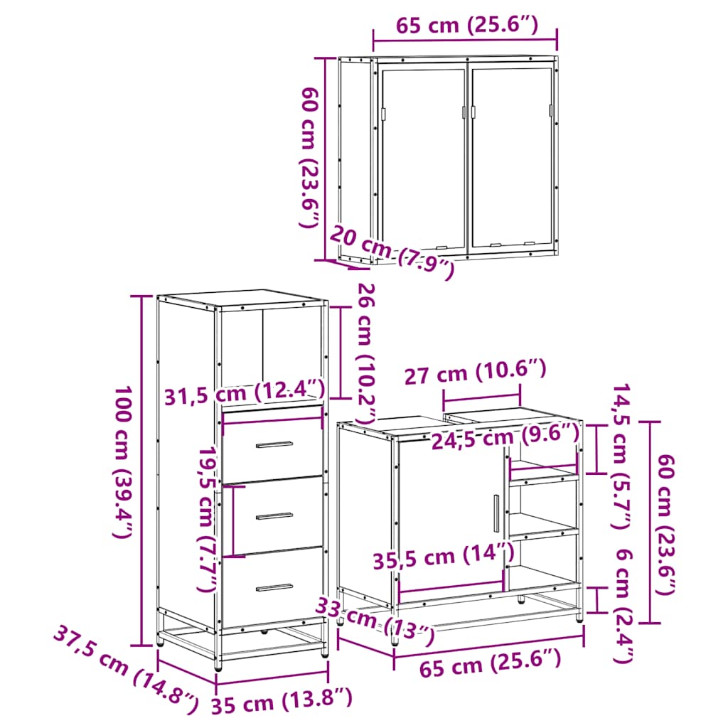 3 Piece Bathroom Furniture Set Grey Sonoma Particleboard