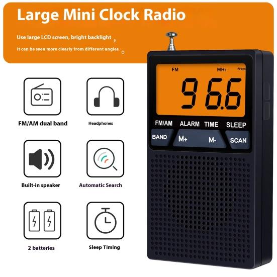 Portable AM/FM Radio Mini 2 Band Radio with Speaker Multipurpose Time Display