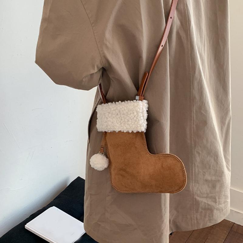 Portable Simple Style Suede Crossbody Bag Fluffy Lightweight Lamb Shoulder Bag Travel Christmas Sock Bag Women CLE