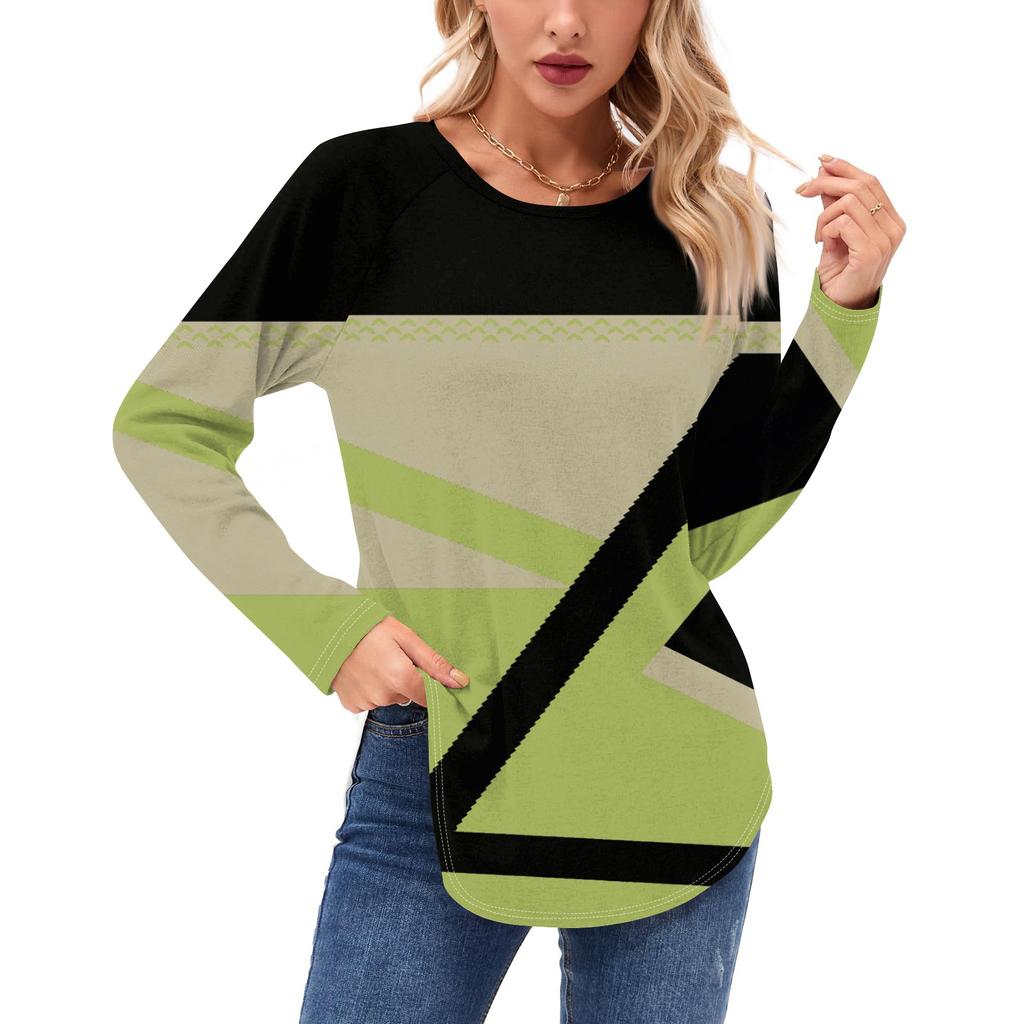 Женские рубашки с длинным рукавом, повседневная мода, туника с геометрическим принтом, топы с круглым вырезом, базовая свободная футболка