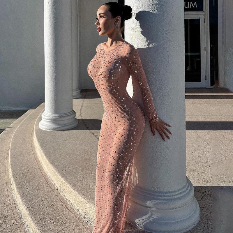 Прозрачное сетчатое платье с кристаллами для женщин, кружевное прозрачное облегающее платье макси с длинным рукавом, тонкое сексуальное пляжное платье для женщин