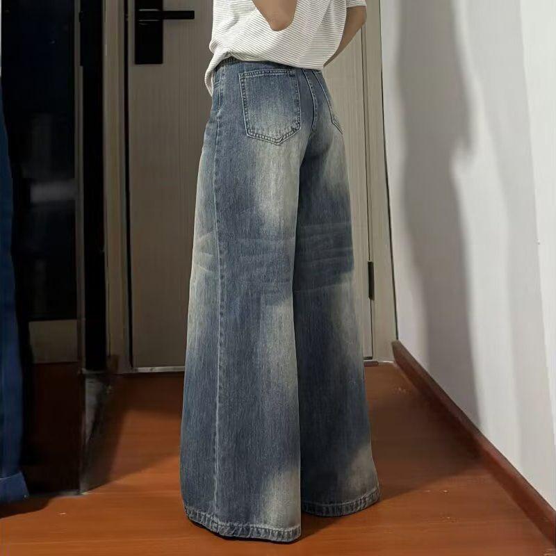 Large size retro high-waisted jeans women's spring and summer new pear-shaped loose straight and thin versatile mopping wide-leg trousers