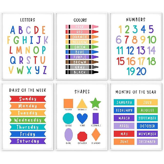 6 Learning Posters for Toddlers & Kids – 11"×14 "Alphabet, Numbers, Colours, Shapes, Days of the Week & Months – Educational Wall Charts for