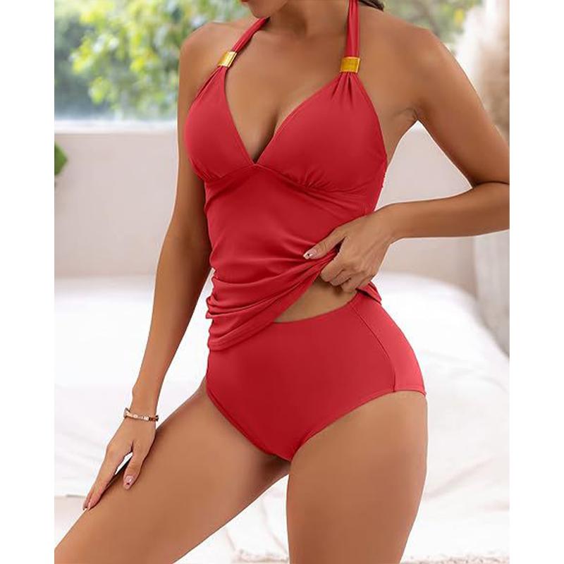 Сплошной цвет бикини с глубоким V-образным вырезом, комплект из двух предметов, купальник, женский тропический купальник, пуш-ап, высокая талия, женский бразильский бикини, пляжная одежда