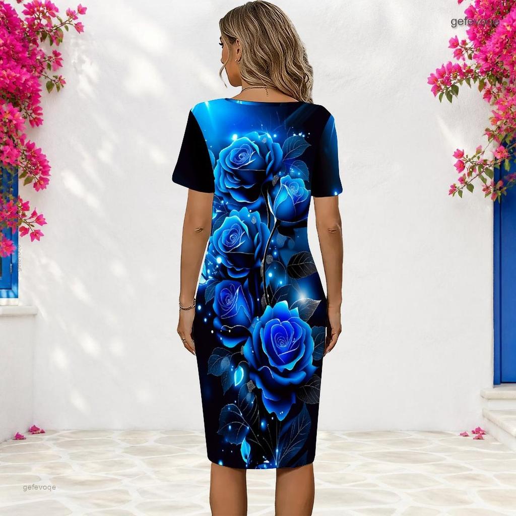 Women Plus Size Round Neck Short Sleeve Purple Black Butterfly Printed Fitted Midi Dress