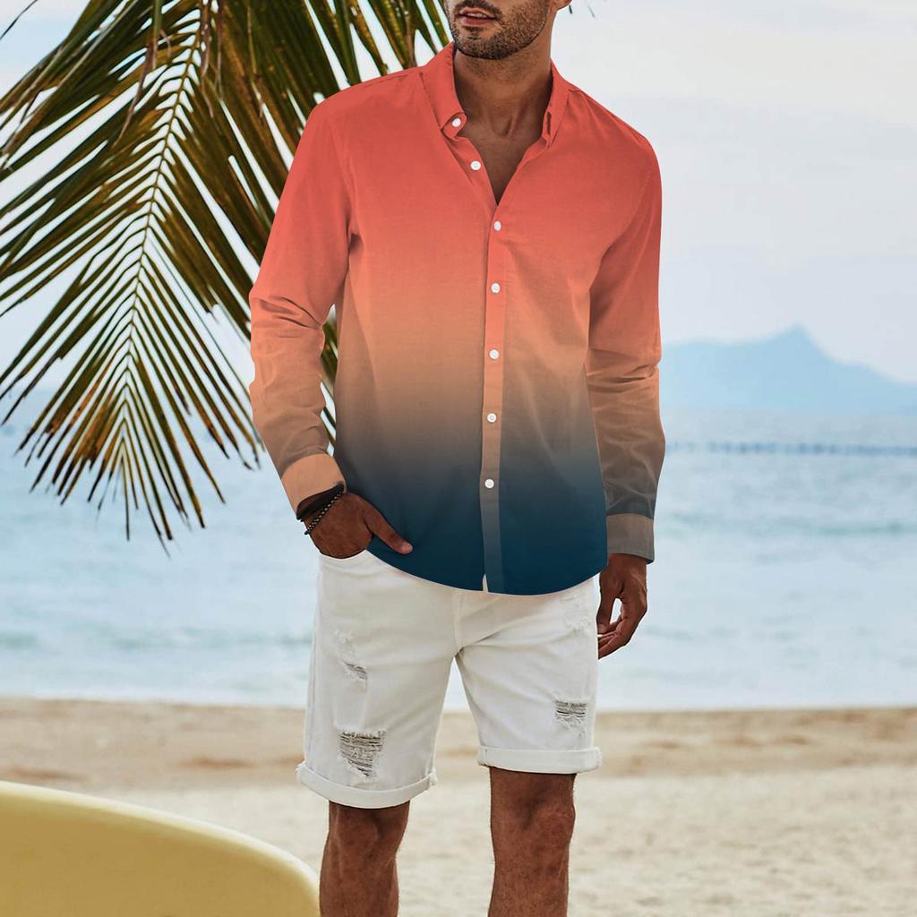 Мужская модная повседневная футболка с длинным рукавом и принтом на пуговицах, рубашка обычного кроя