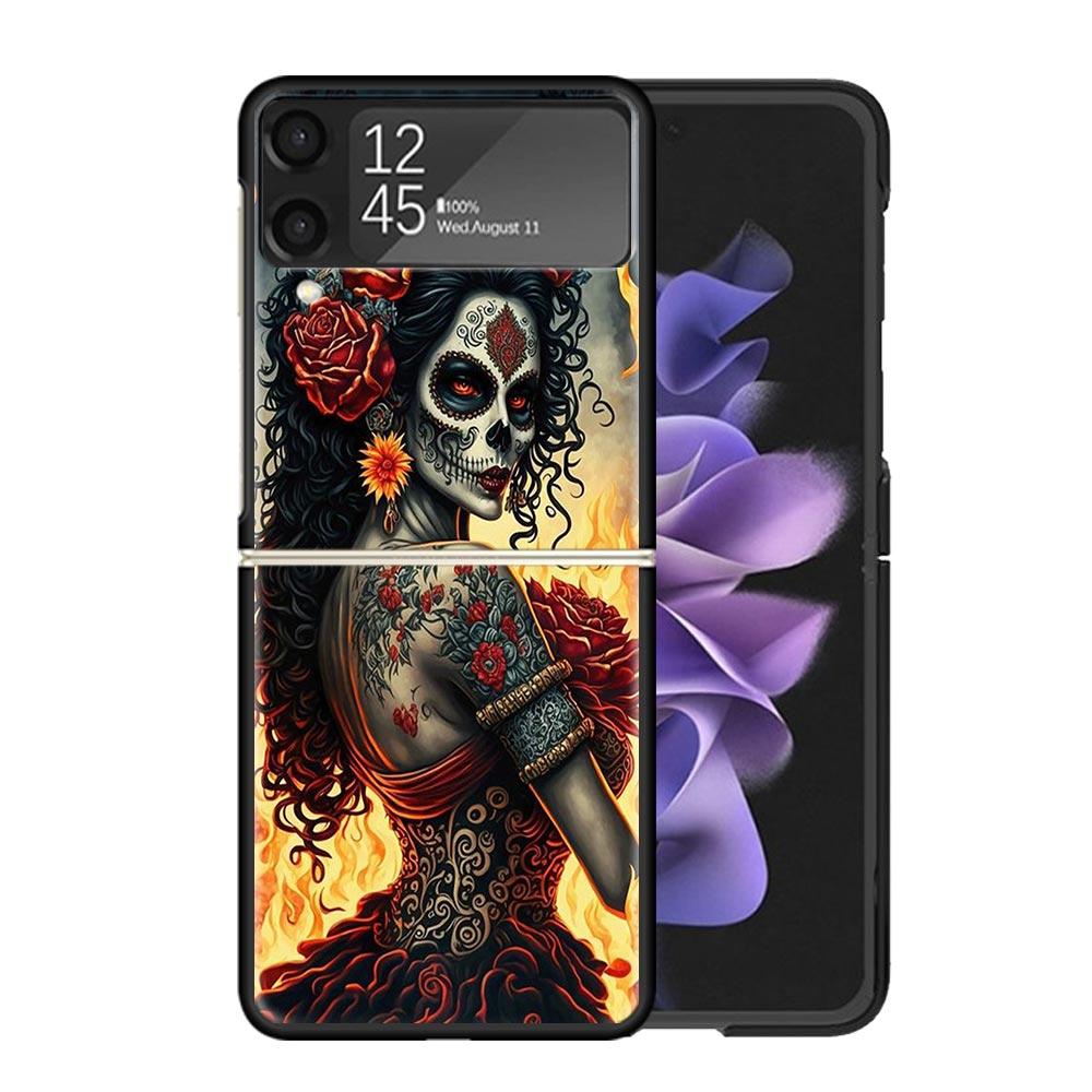 Catrina Beautiful Rose Girl Skull Cases For Samsung Galaxy Z Flip 4 5 6 7 3 Z Flip7 Flip6 Flip4 Flip5 Flip3 5G Hard Shockproof F