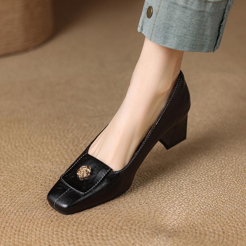 Новая женская модная одинарная обувь квадратный носок высокий каблук маленькие кожаные туфли повседневные и удобные резиновая подошва большой размер однотонные четыре сезона sing