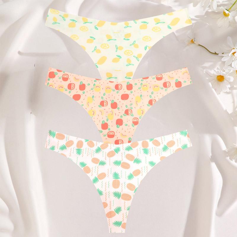 FINETOO 3 шт./компл. сексуальные стринги для женщин из ледяного шелка, цельные бесшовные трусики для девочек, свежее нижнее белье с низкой талией и принтом