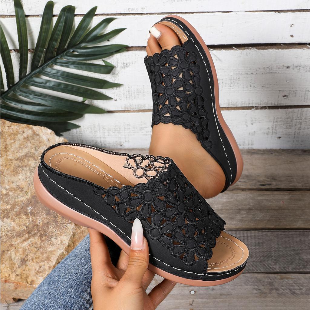 Женские удобные сандалии с цветочным узором, прогулочные туфли на толстой полой подошве, модные тапочки на танкетке